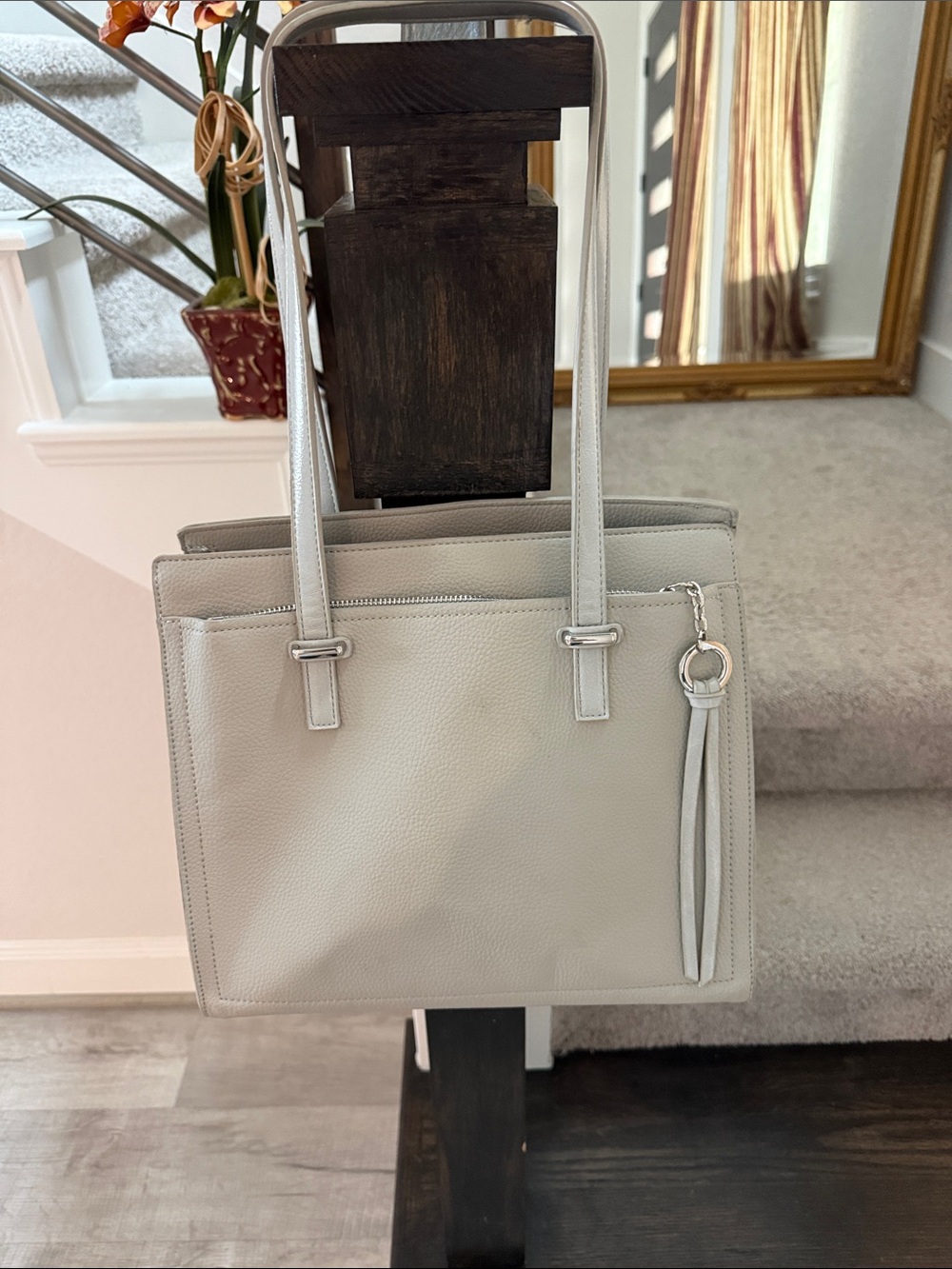 Structured Light Gray Leather Shoulder Tote with Tassel Detail